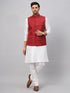 Vastramay Men's Maroon Matka Silk Nehru Jacket With White Silk Blend Kurta Pyjama Set